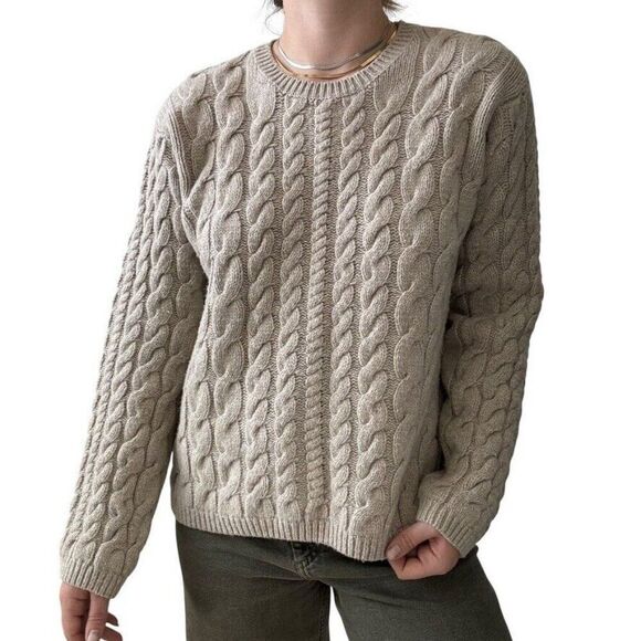 Orvis Cream 100% Shetland Wool Cable Knit Chunky Fisherman Sweater Sz M - Picture 3 of 7